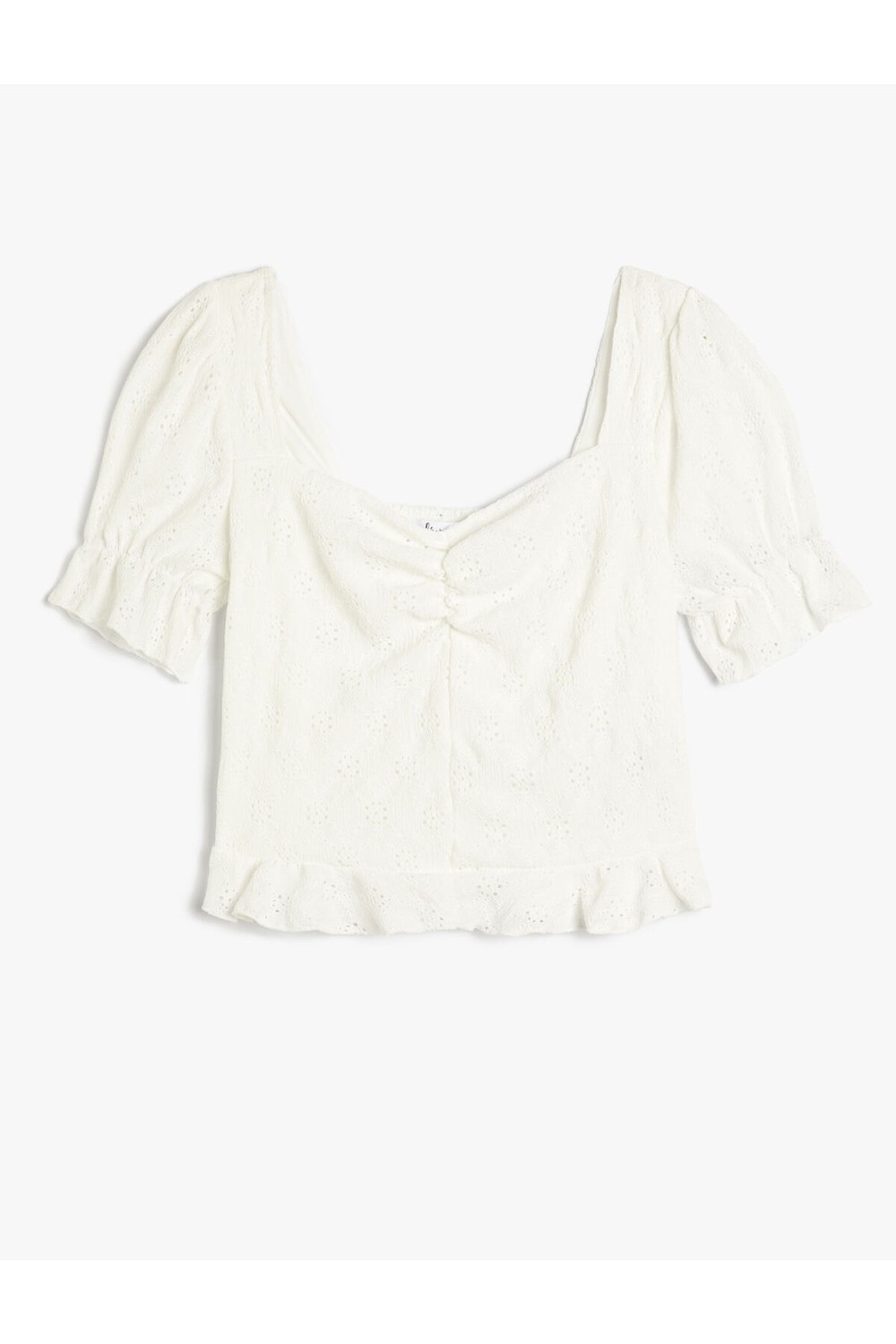 Koton Embroidered T-Shirt Sweetheart Neck Balloon Sleeves Frilly
