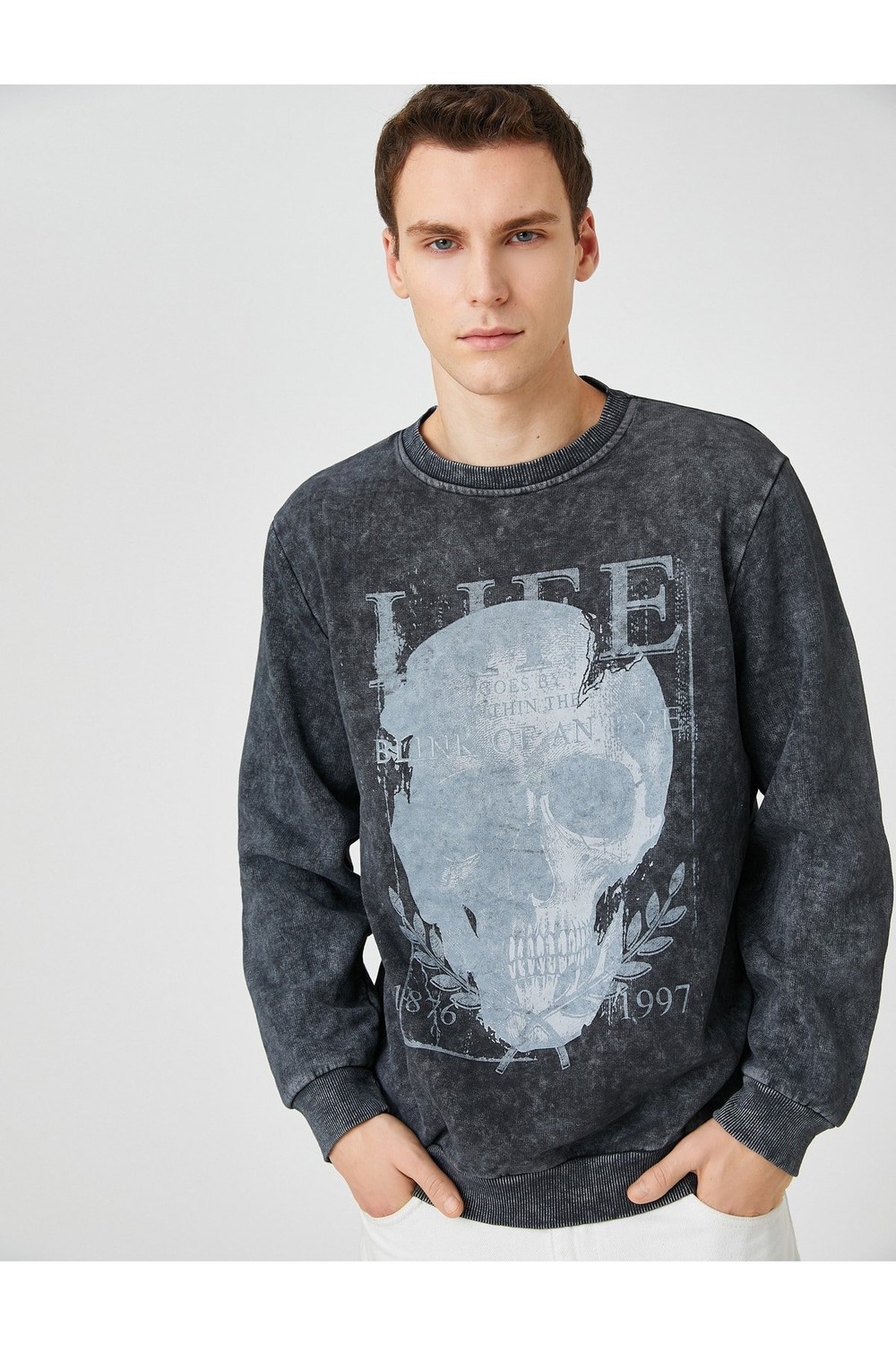 Koton Skull Print Sweatshirt with Rayons, Crew Neck
