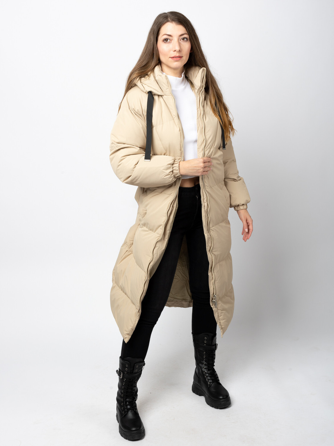 Women's long quilted jacket GLANO - light beige