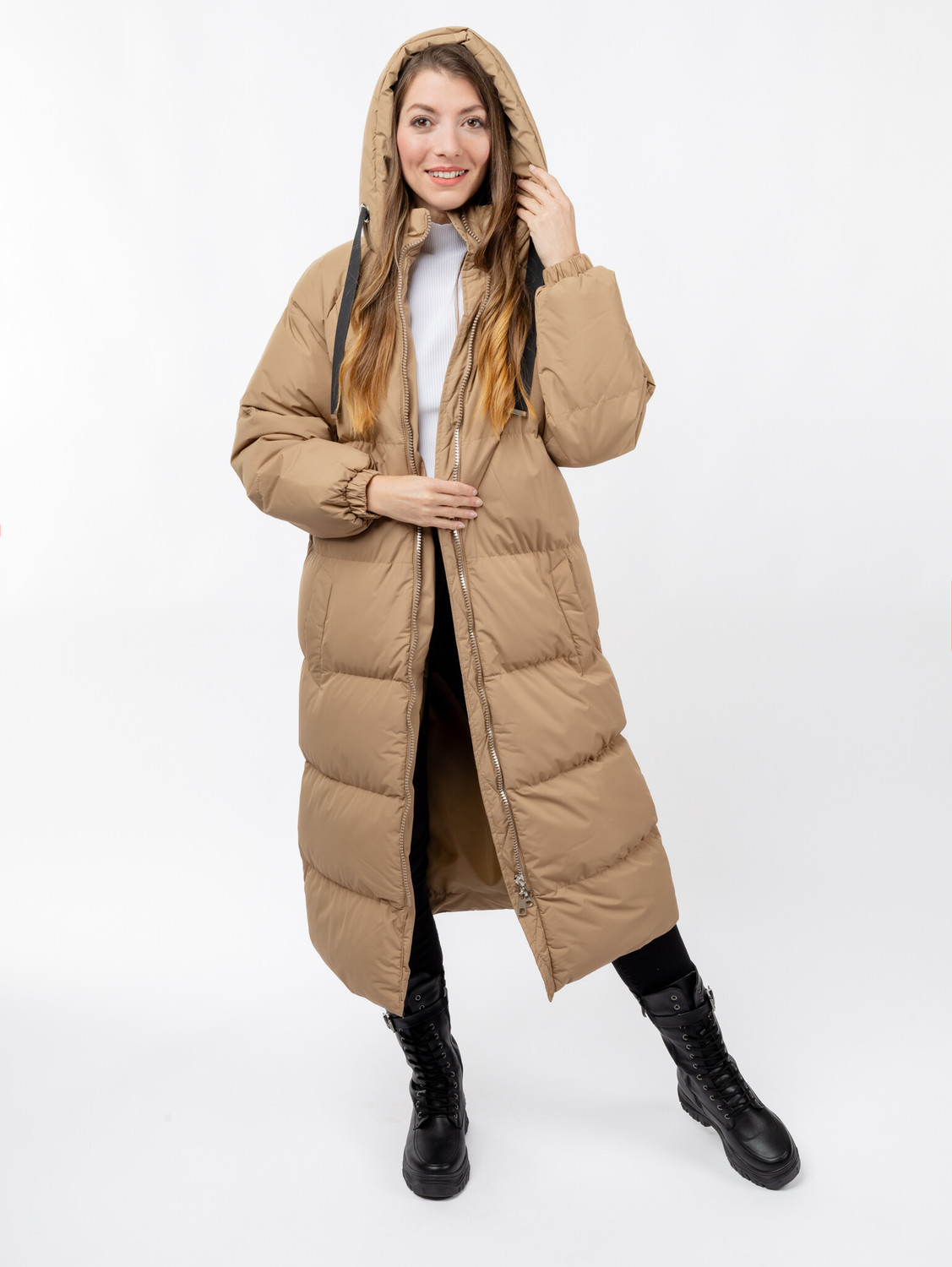 Women's Long Quilted Jacket GLANO - dark beige
