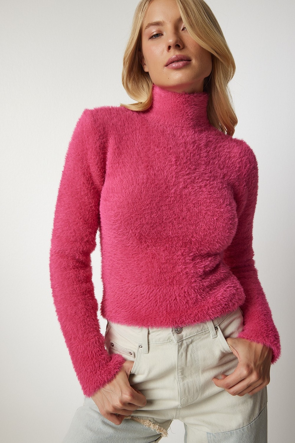 Happiness İstanbul Women's Fuchsia Turtleneck Bearded Knitwear Sweater