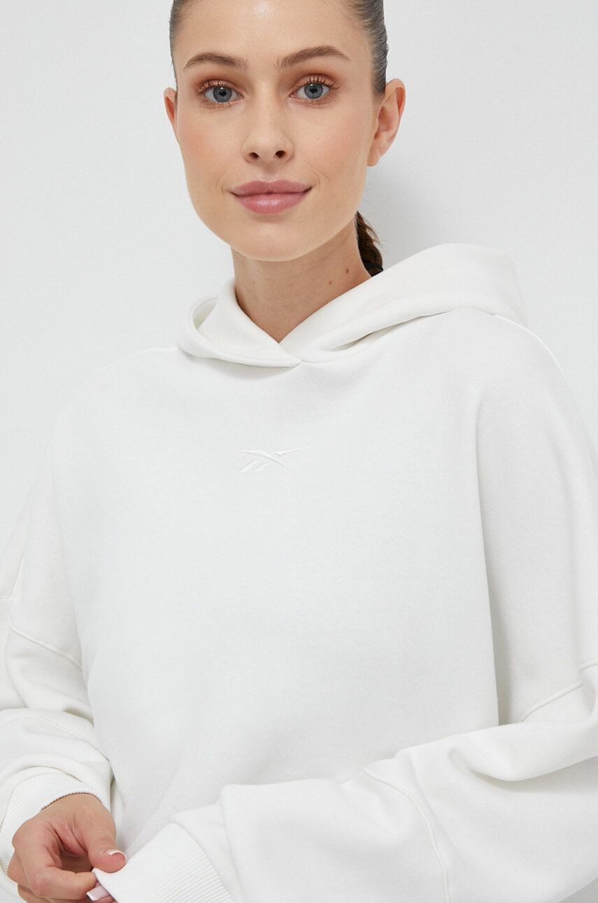 Mikina Reebok LUX COLLECTION dámska, biela farba, s kapucňou, s nášivkou