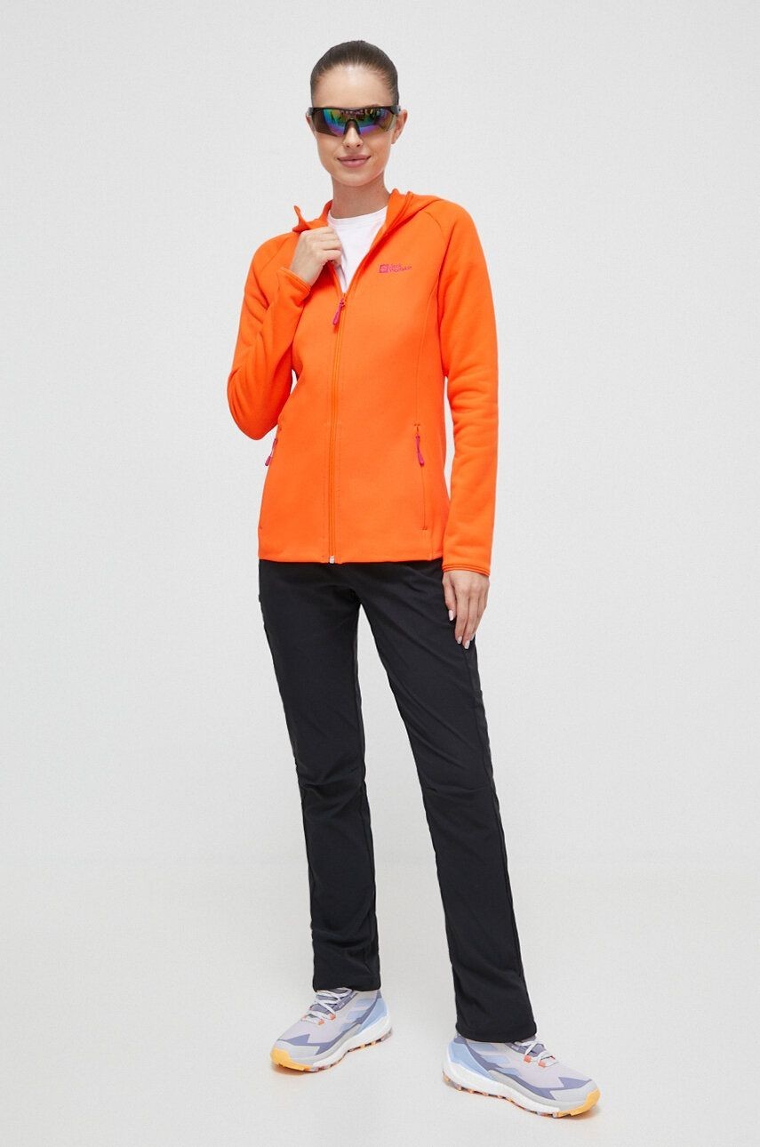 Športová mikina Jack Wolfskin Baiselberg oranžová farba, s kapucňou, jednofarebná