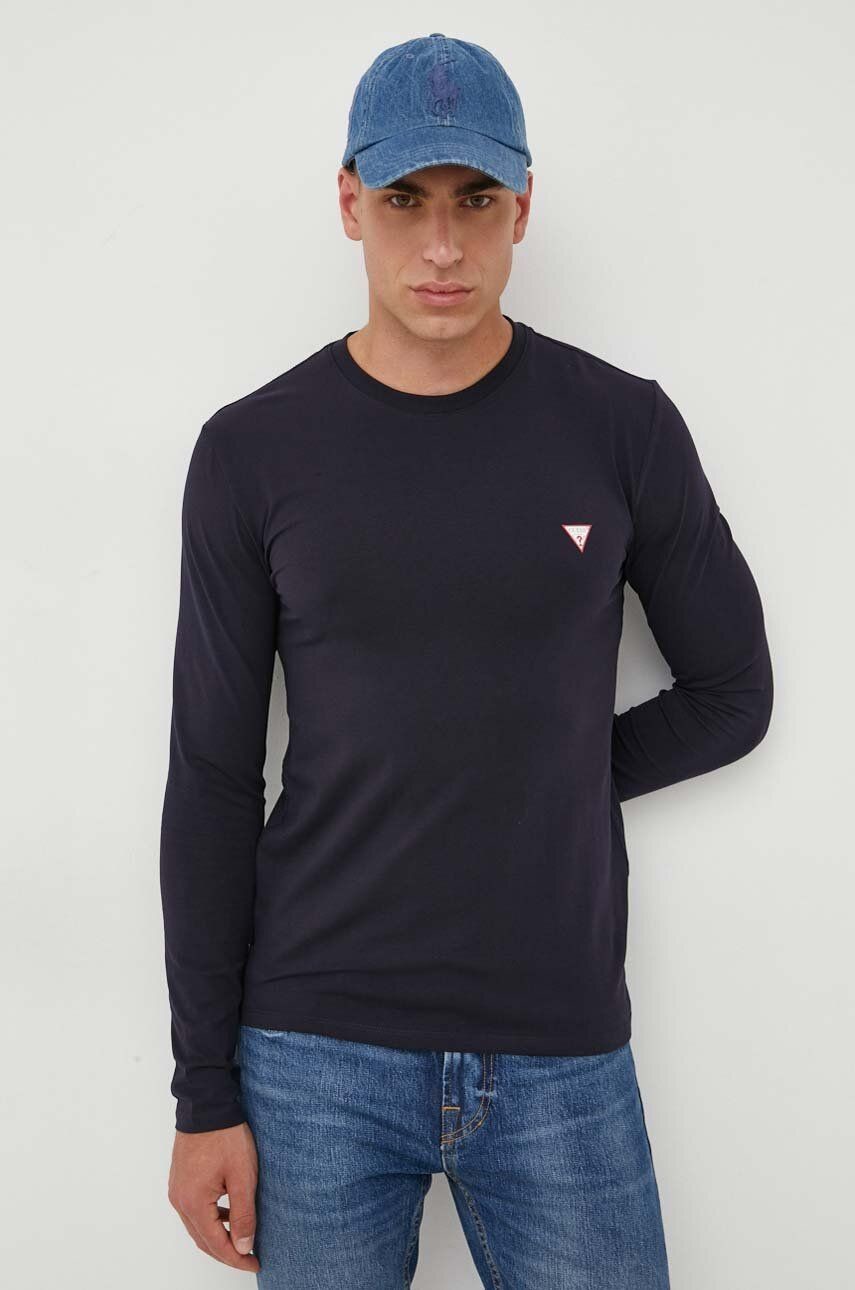 Tričko s dlhým rukávom Guess pánsky, tmavomodrá farba, jednofarebný