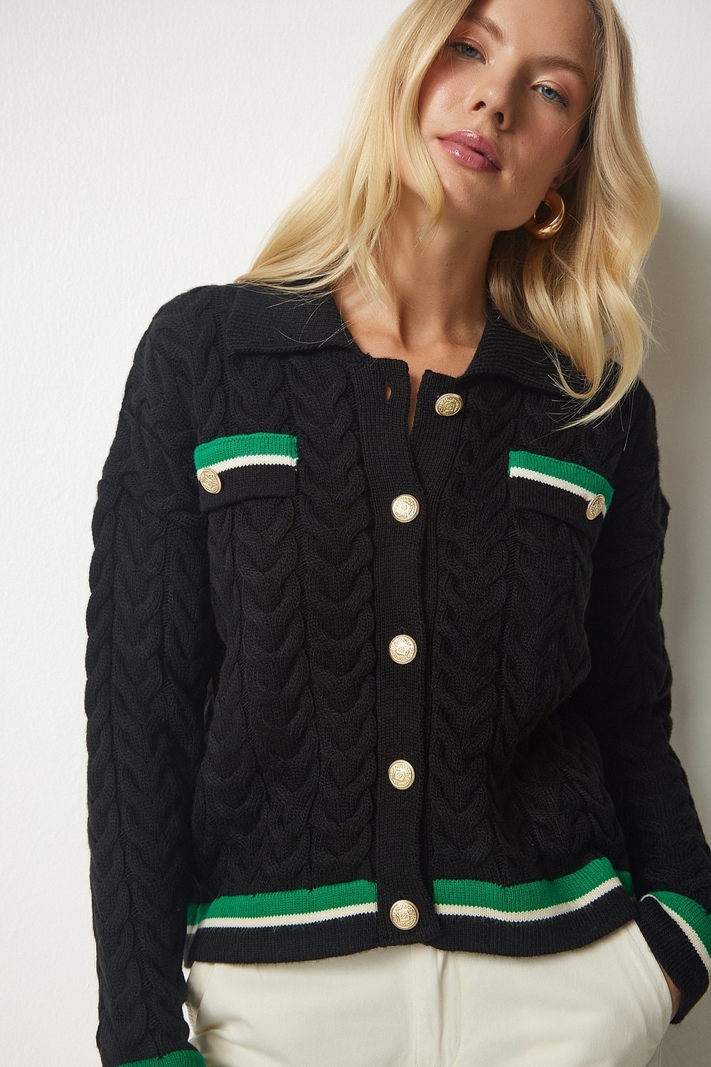 Happiness İstanbul Women's Black Knitted Pattern Sweater Cardigan PF0009