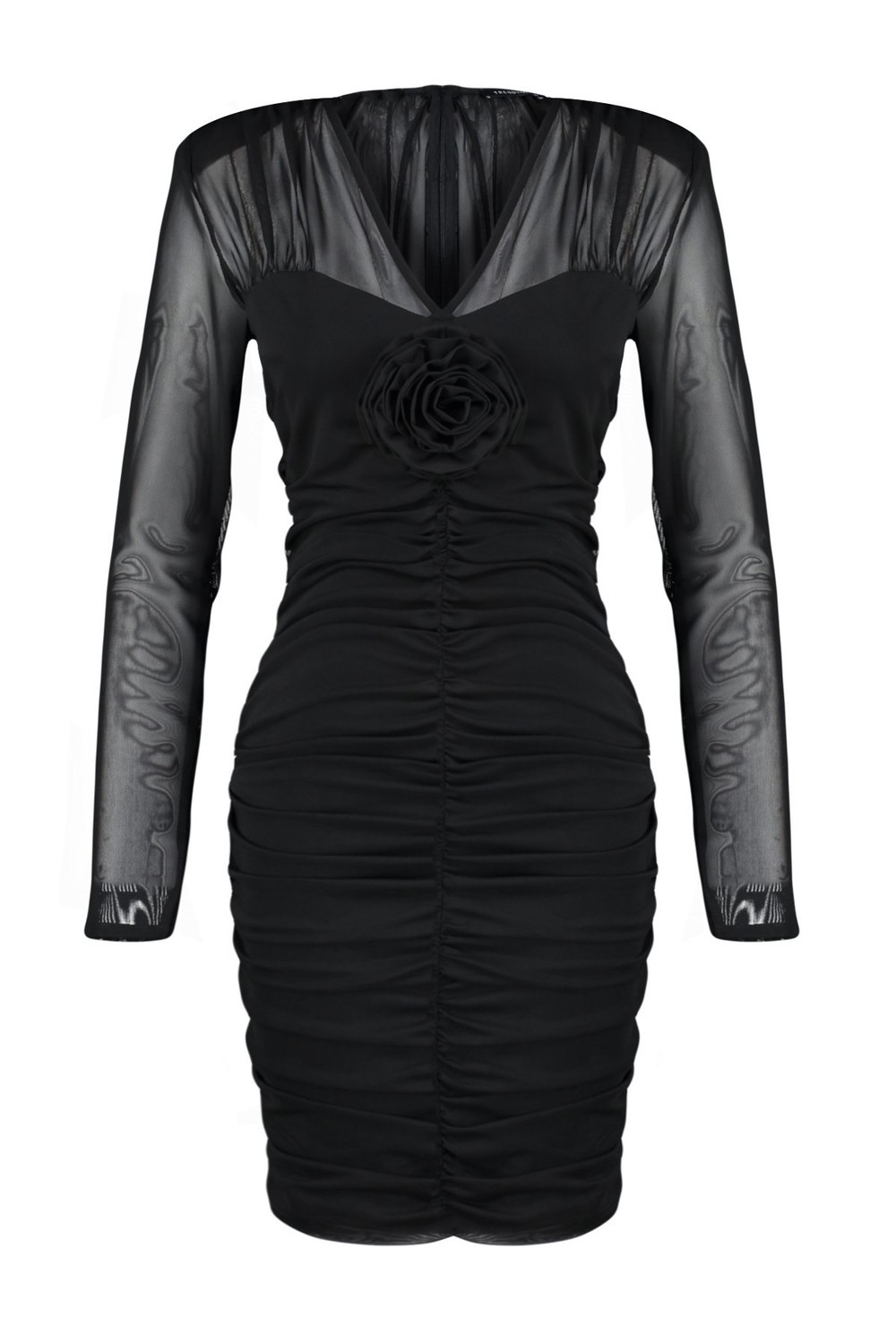 Trendyol Black Draped Rose Tulle Elegant Evening Dress
