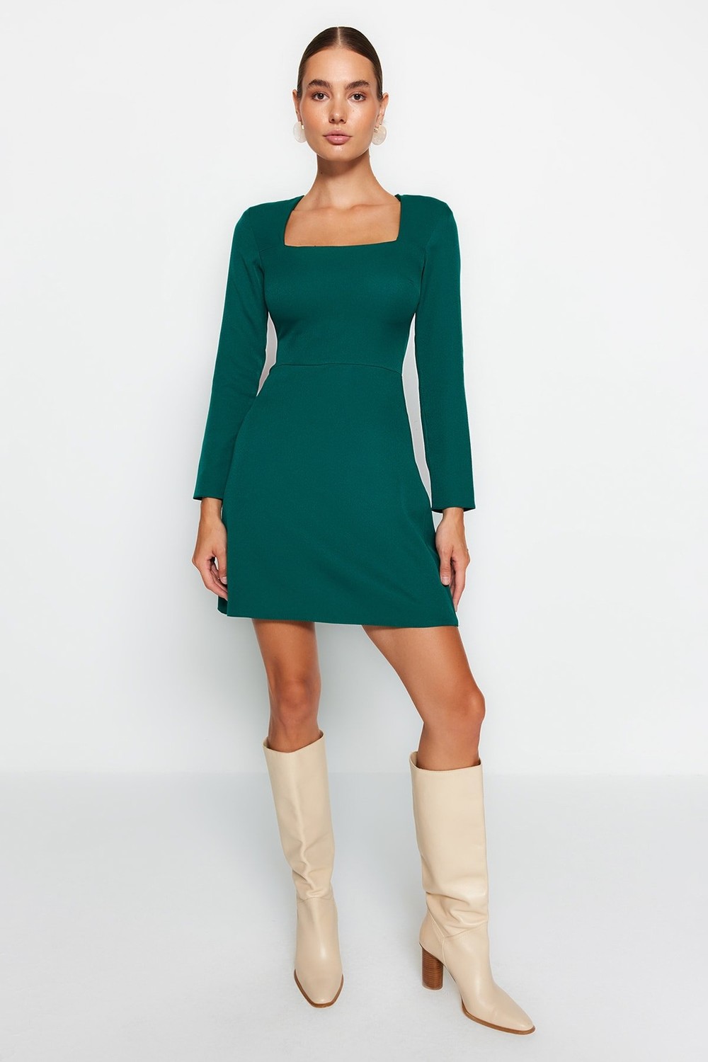 Trendyol Emerald Green Square Collar Mini Woven Dress