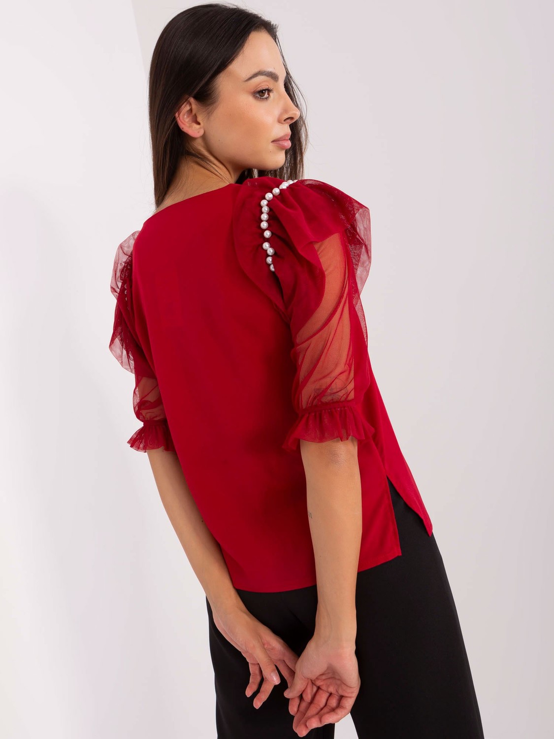 Burgundy formal blouse with mesh sleeves