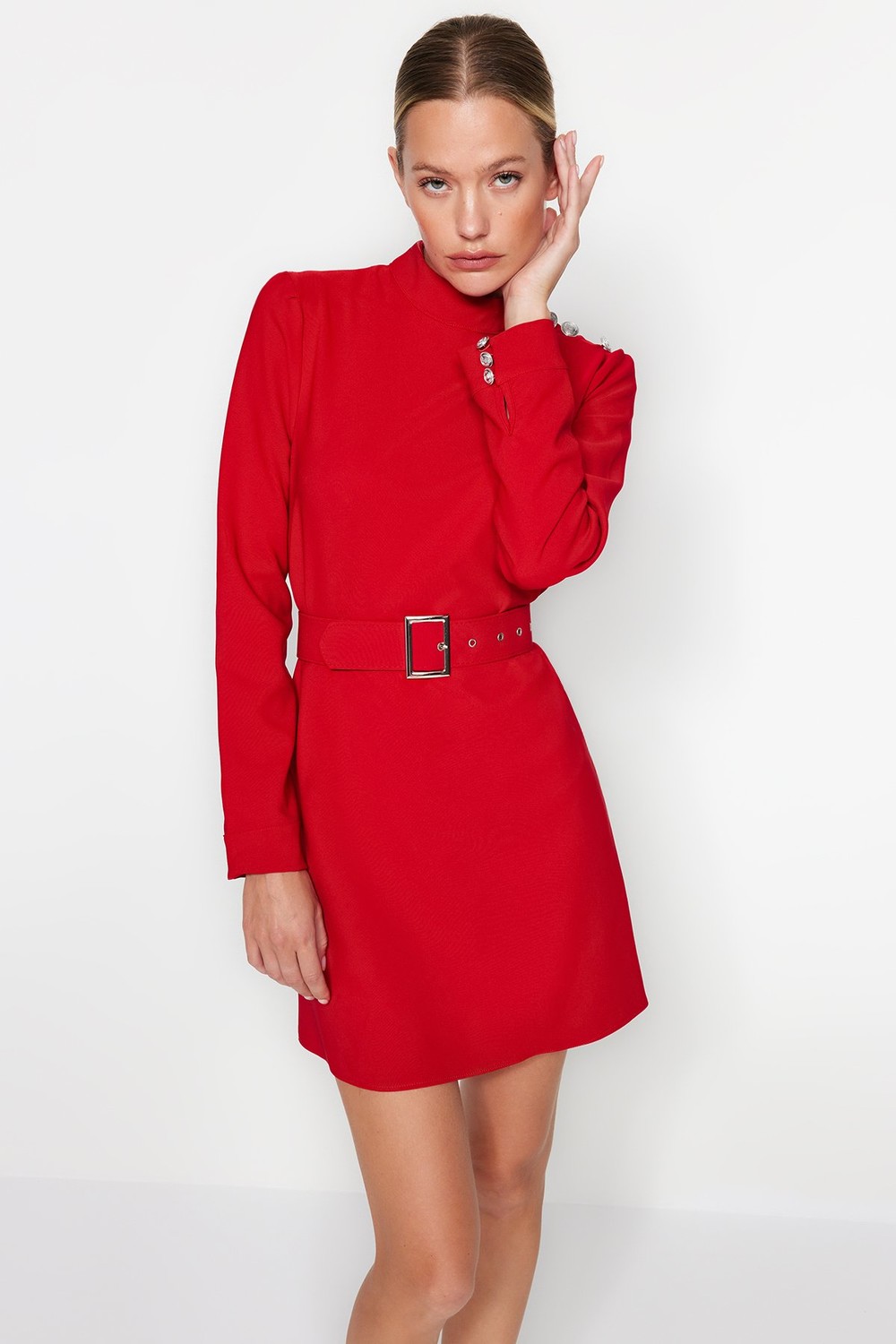 Trendyol A-Line Red Woven Dress with Belt and Button Detail
