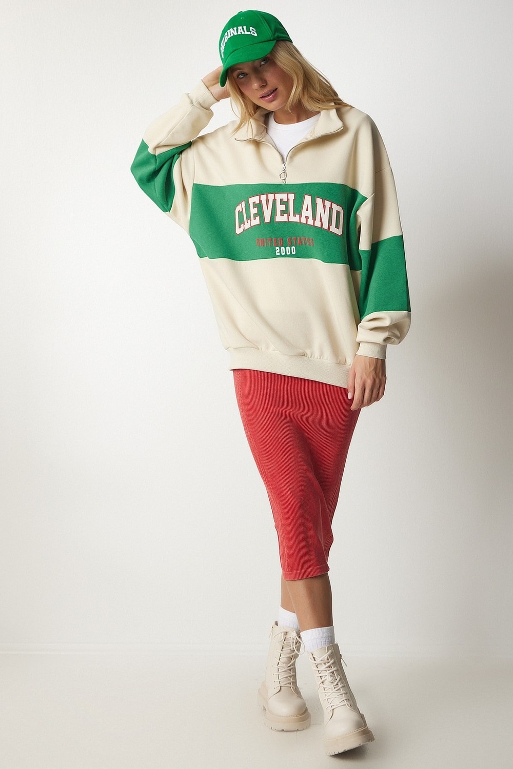 Happiness İstanbul Women's Cream Green Color Block Print Oversized Sweatshirt