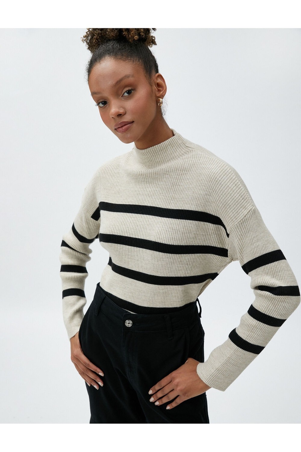 Koton Standing Collar Sweater Ribbed Off Shoulders Long Sleeve