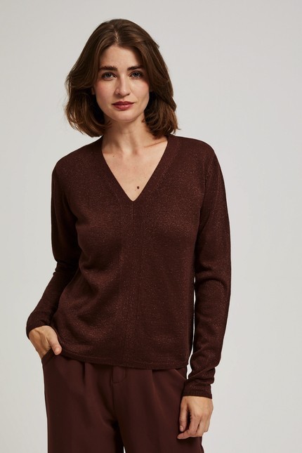 V-neck sweater with metal thread
