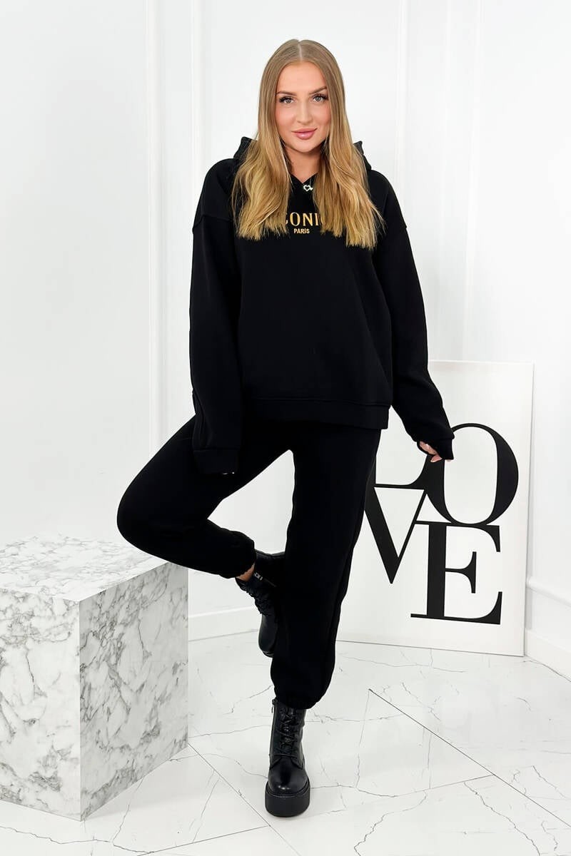 Insulated cotton set, sweatshirt with embroidery + trousers black