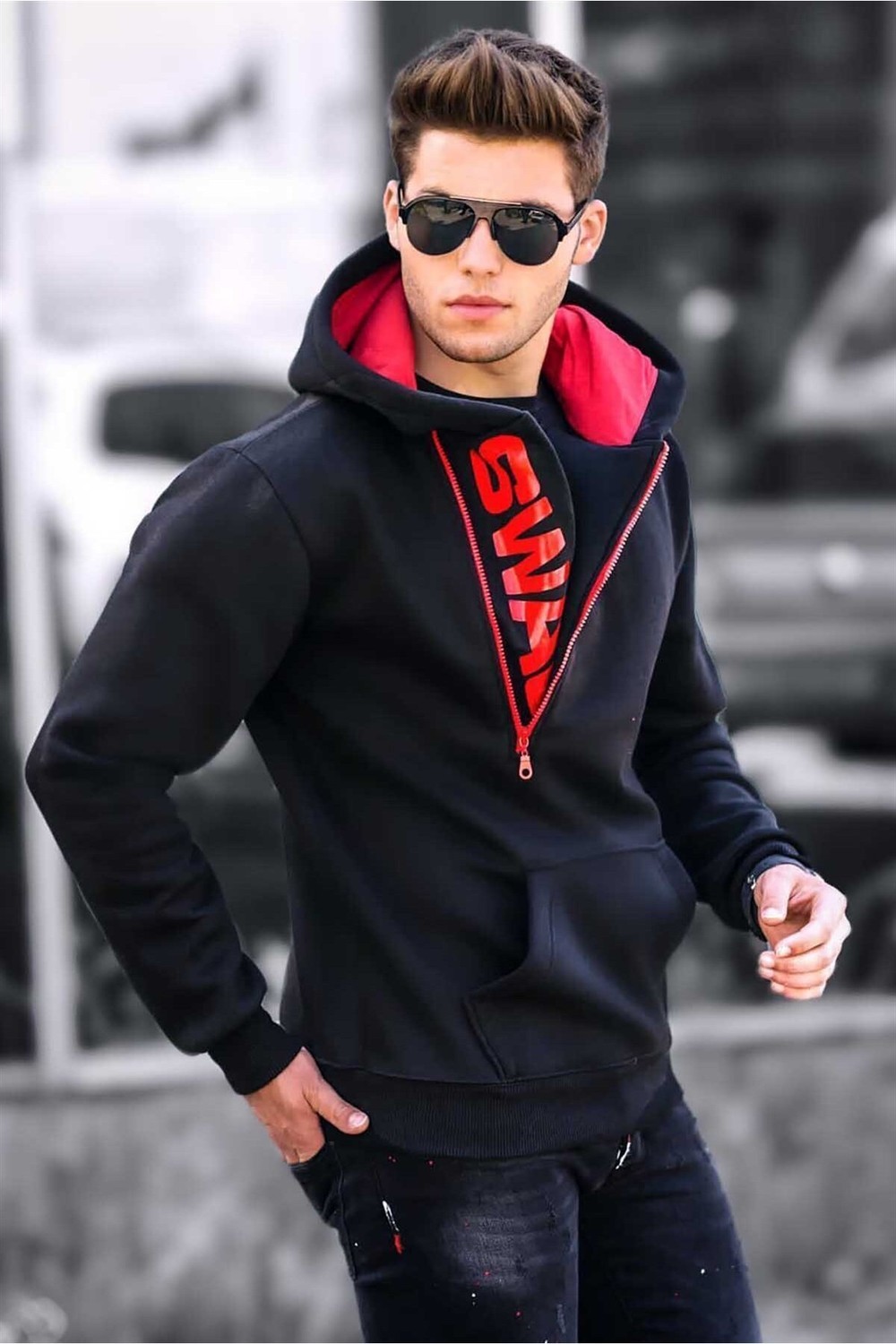 Madmext Men's Black Zipper Detailed Hooded Sweatshirt 1767