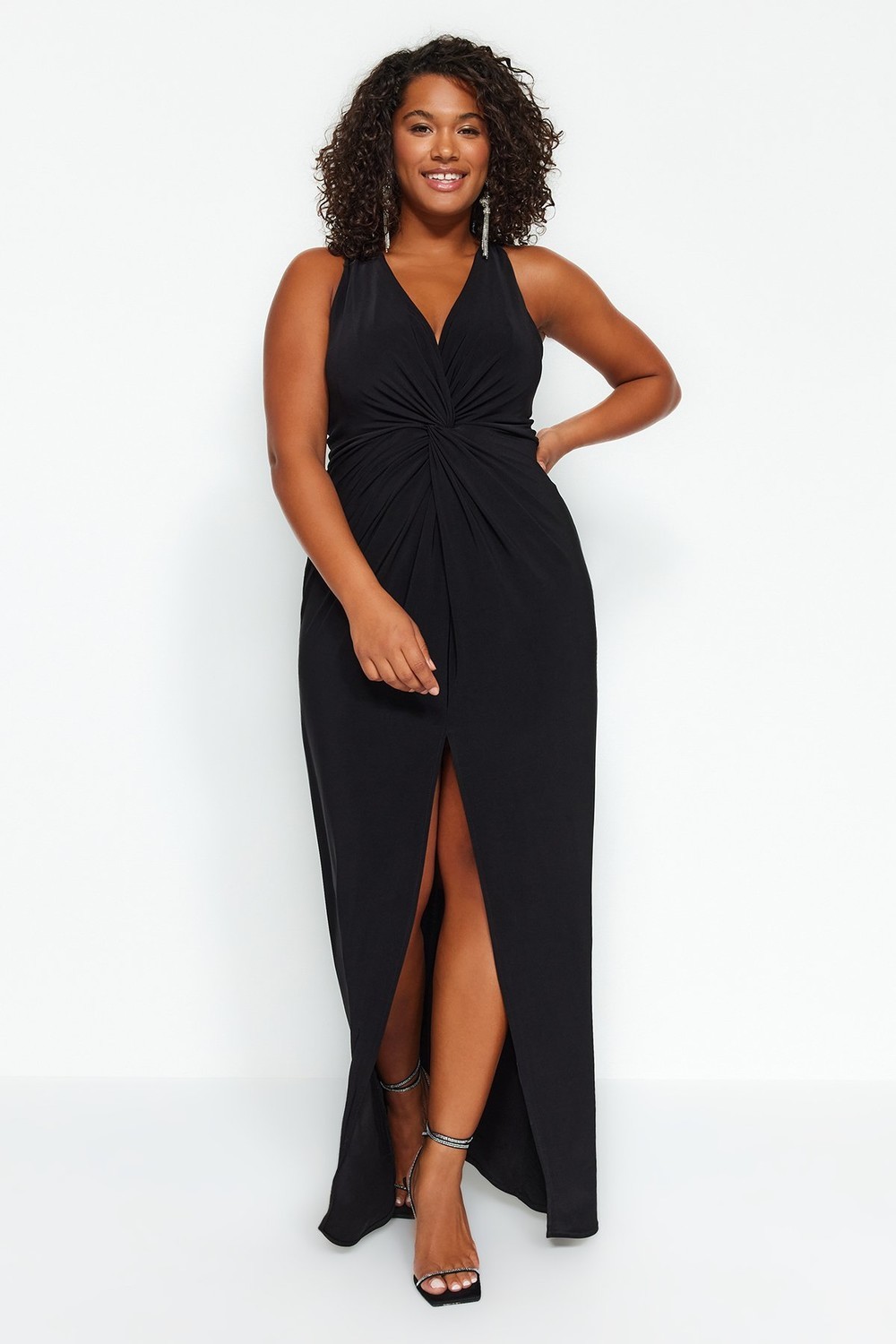 Trendyol Curve Black Straight Cut Twist Detailed Knitted Dress