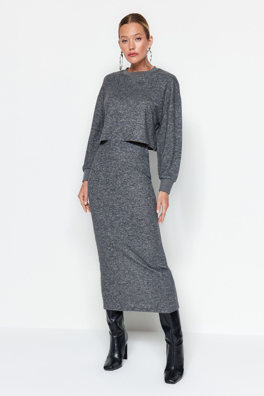 Trendyol Anthracite Soft Fabric Knitted Top-Bottom Set