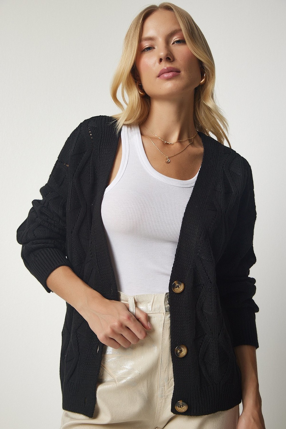Happiness İstanbul Women's Black Knit-Motif Openwork Knitwear Cardigan