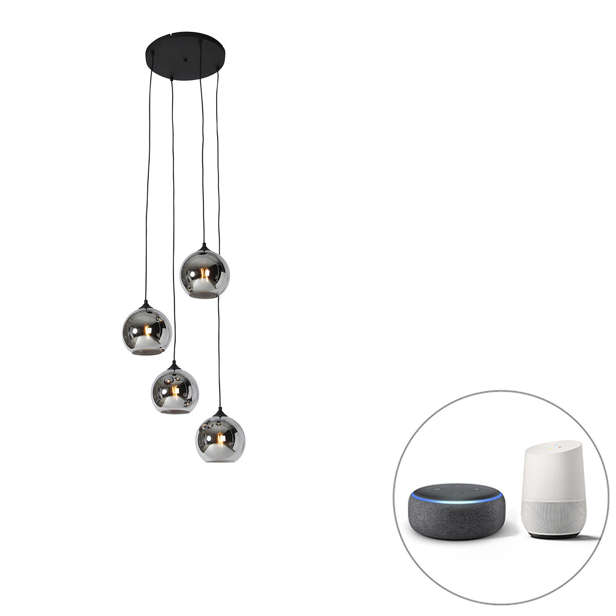 Smart hanglamp zwart met smoke glas incl. 4 Wifi A60 - Wallace