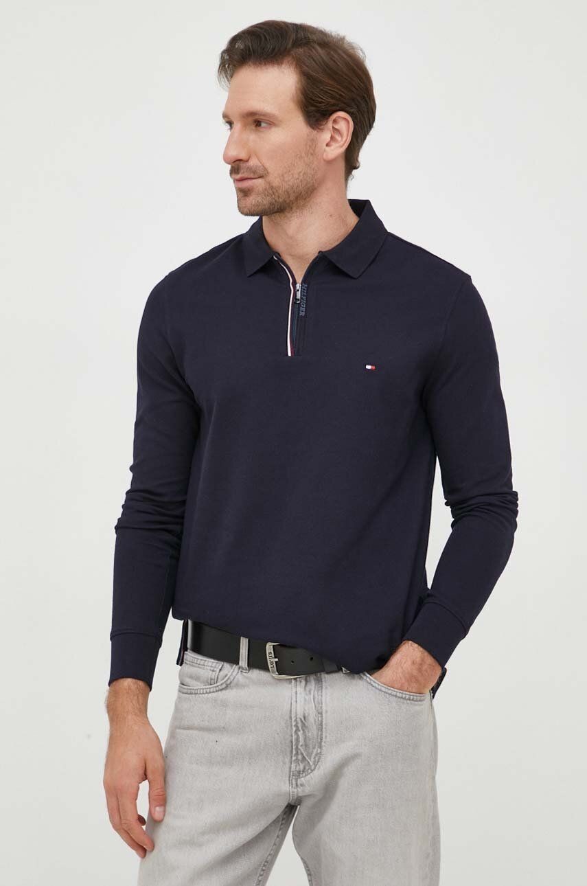 Tričko s dlhým rukávom Tommy Hilfiger pánsky, tmavomodrá farba, jednofarebný