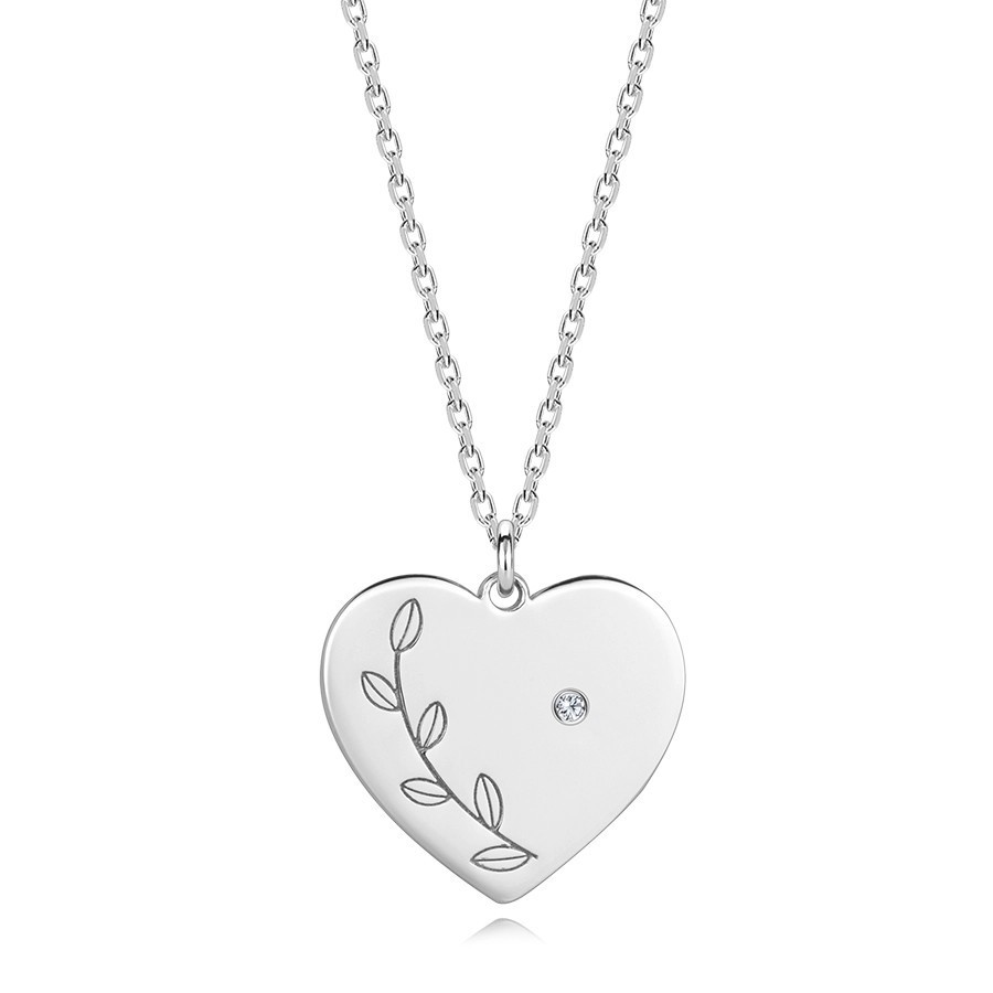 Strieborný 925 náhrdelník - briliant, ploché srdce, gravírované lístky