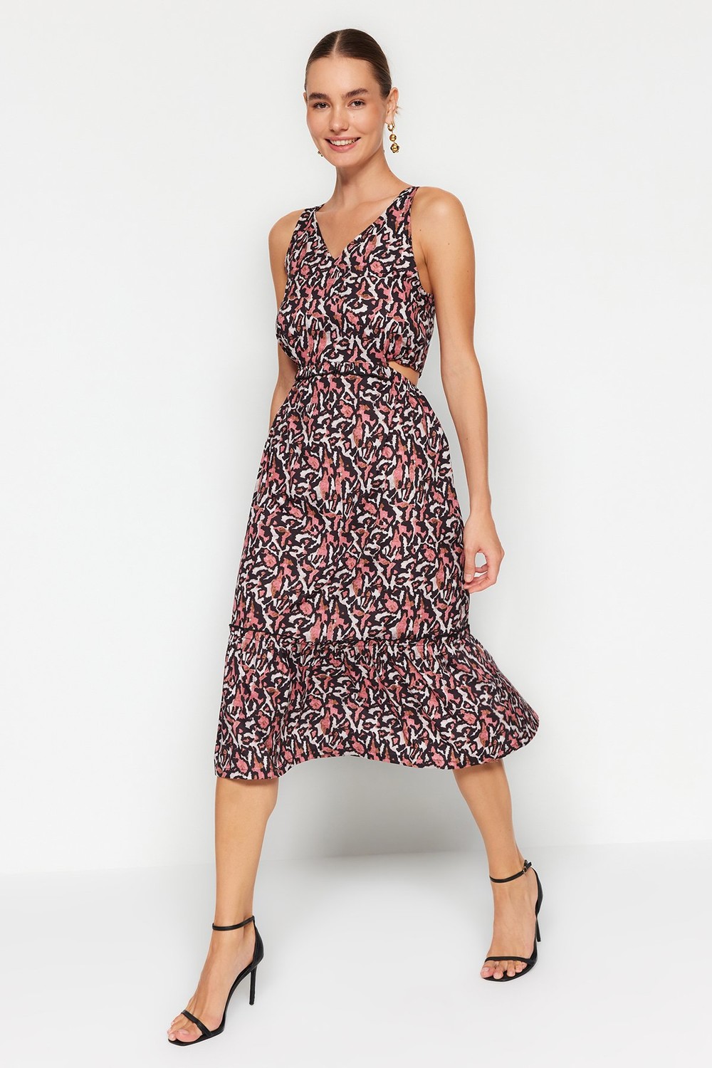 Trendyol A-Line Cut Out Detailed Midi Leopard Patterned Woven Dress in Brown A-Line