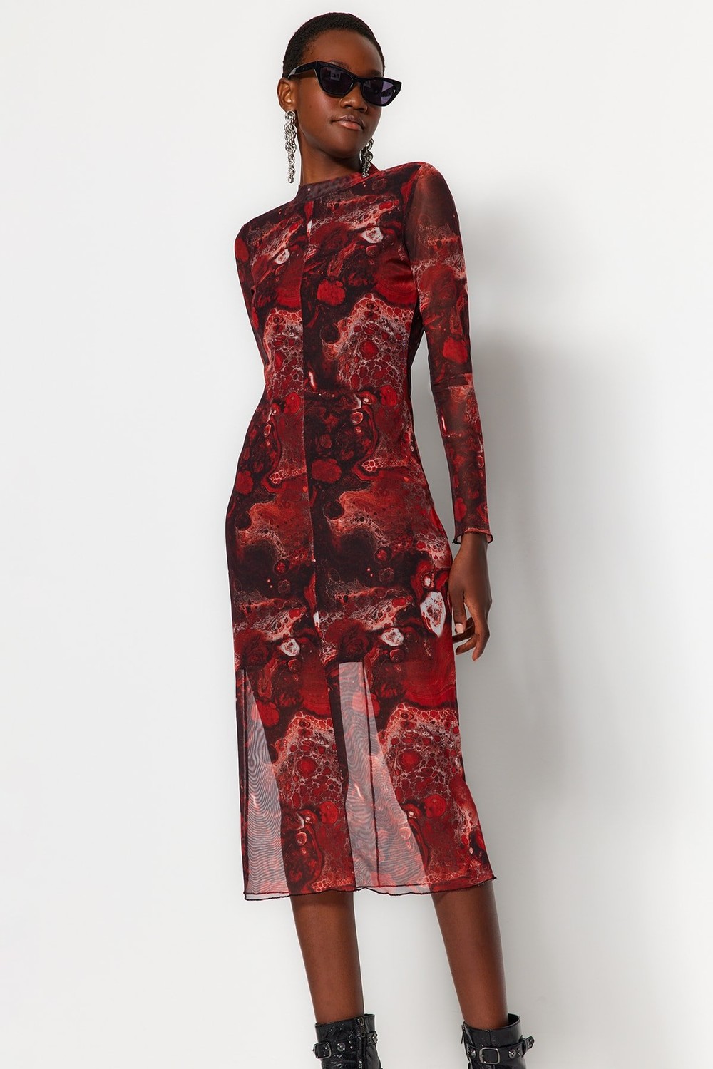 Trendyol Brown Printed Tulle Lined Fitted Stand Midi Knitted Dress