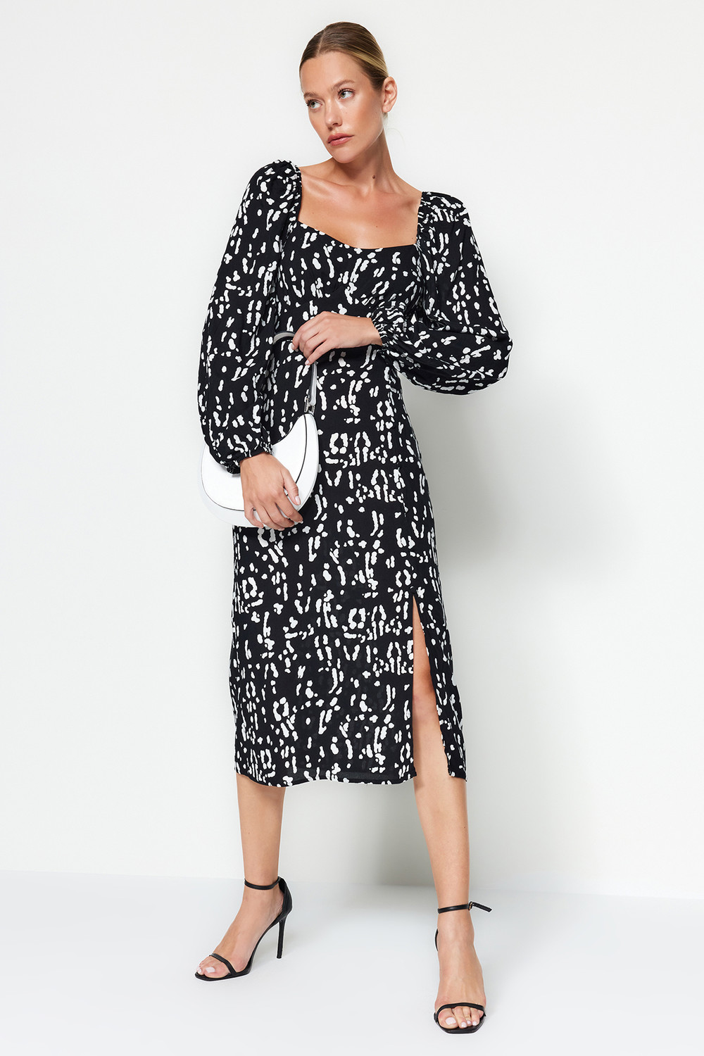 Trendyol Straight-Cut Patterned Black Viscose Woven Dress with Slit Detail