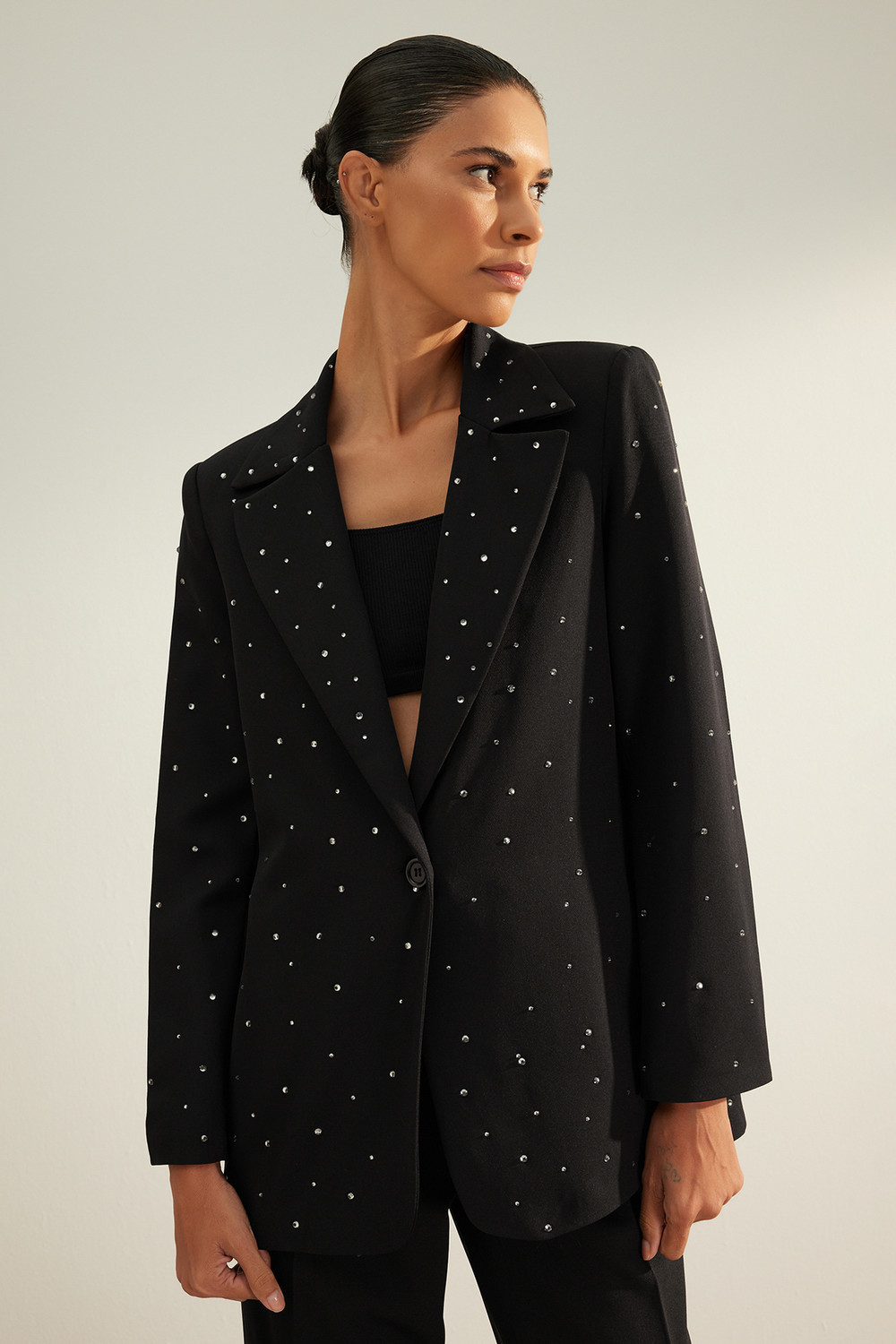 Trendyol Black Blazer Jacket with Woven Stones