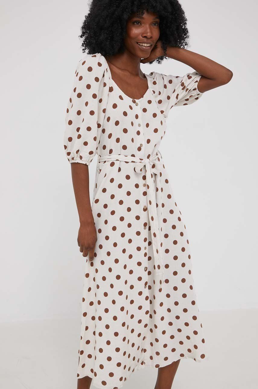 Ľanové šaty Answear Lab béžová farba, midi, áčkový strih