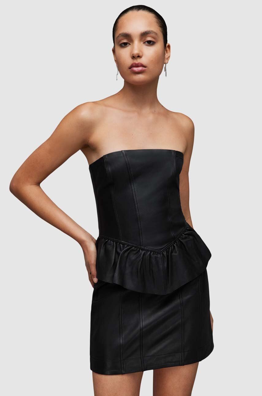 Kožené šaty AllSaints WL068Z CASSIE LEA RUFFLE DR čierna farba, mini, priliehavé