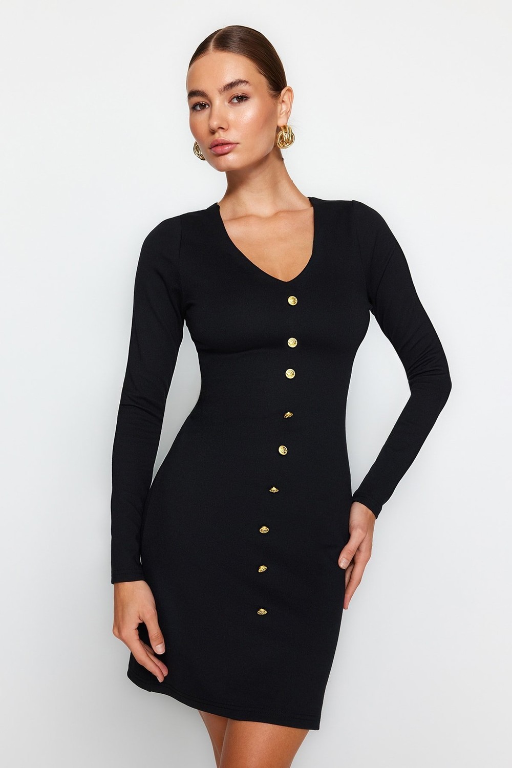 Trendyol Black V-Neck Button Detailed Interlock Body-Sleeved Mini Knitted Dress