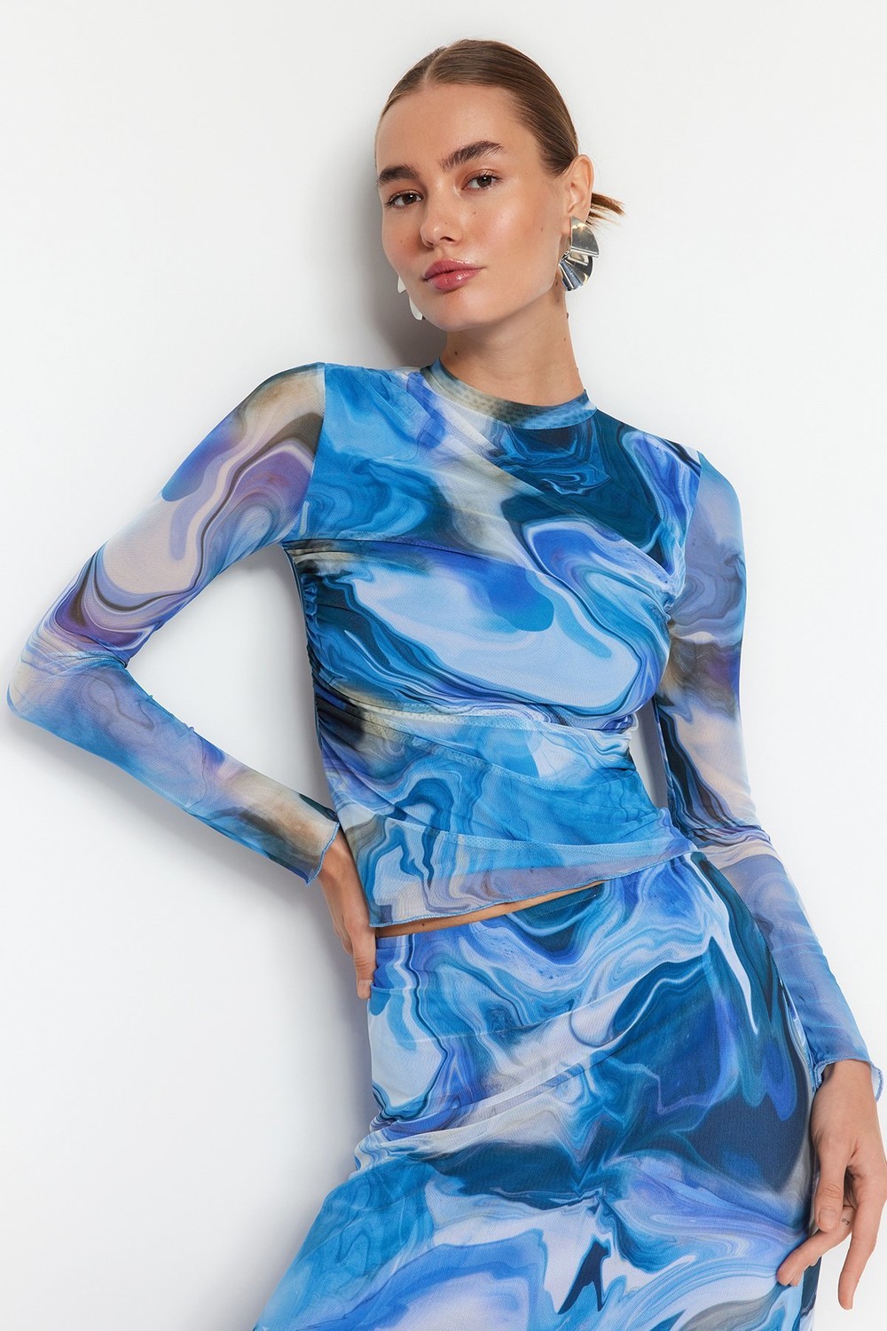 Trendyol Blue Patterned Draped Sheer Back Fitted Tulle Knitted Blouse