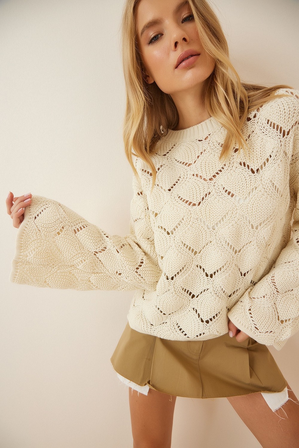 Happiness İstanbul Women's Cream Lozenge Patterned Openwork Knitwear Sweater