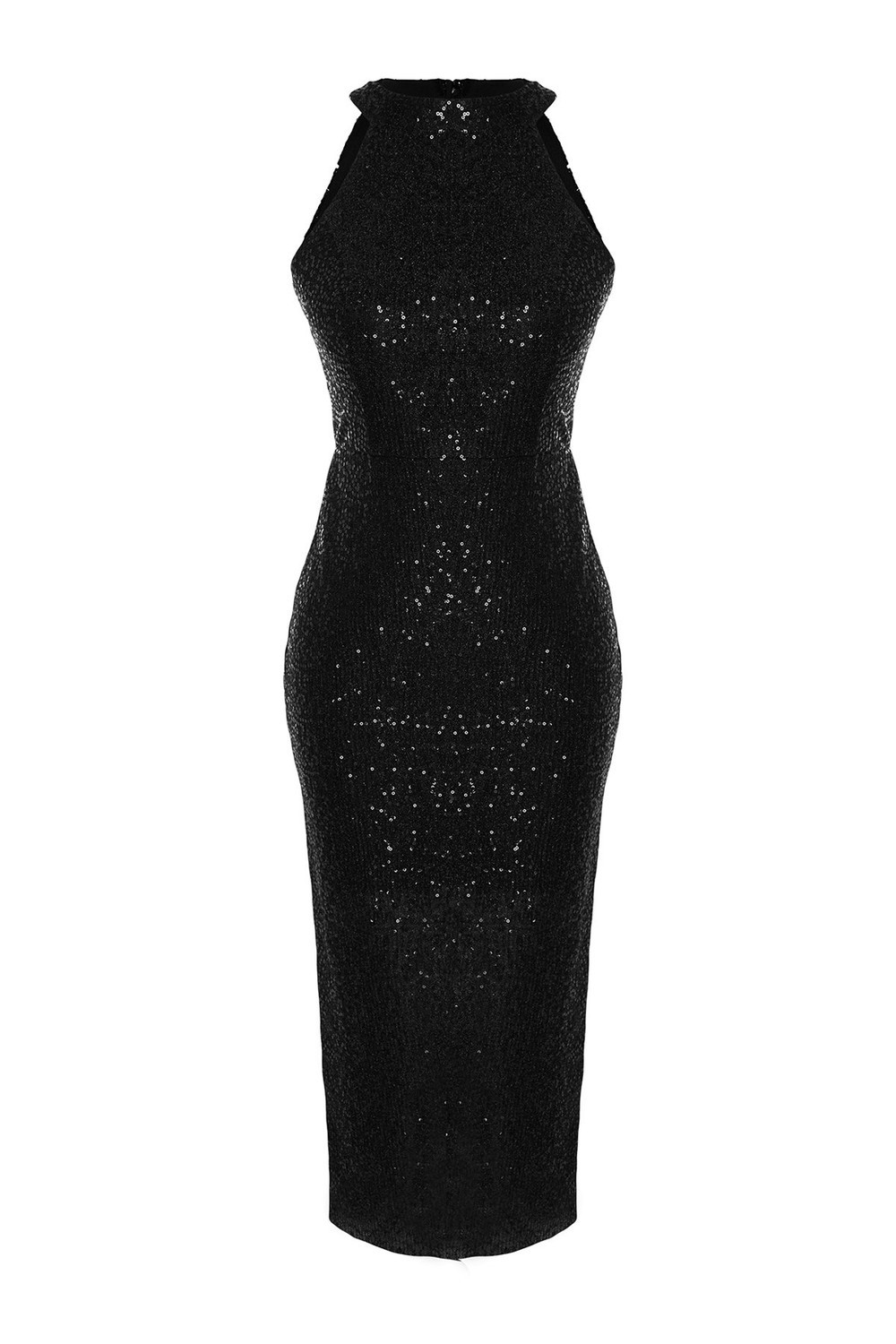 Trendyol Black Fitted Evening Dress with Knitting Lined and Shimmering Sequins.