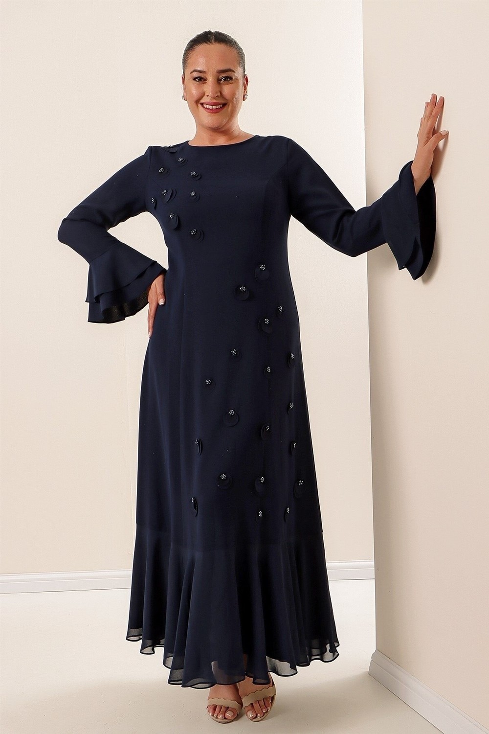 By Saygı Ruffled Sleeves And Hem M.C. Crepe Long Dress Navy Blue.