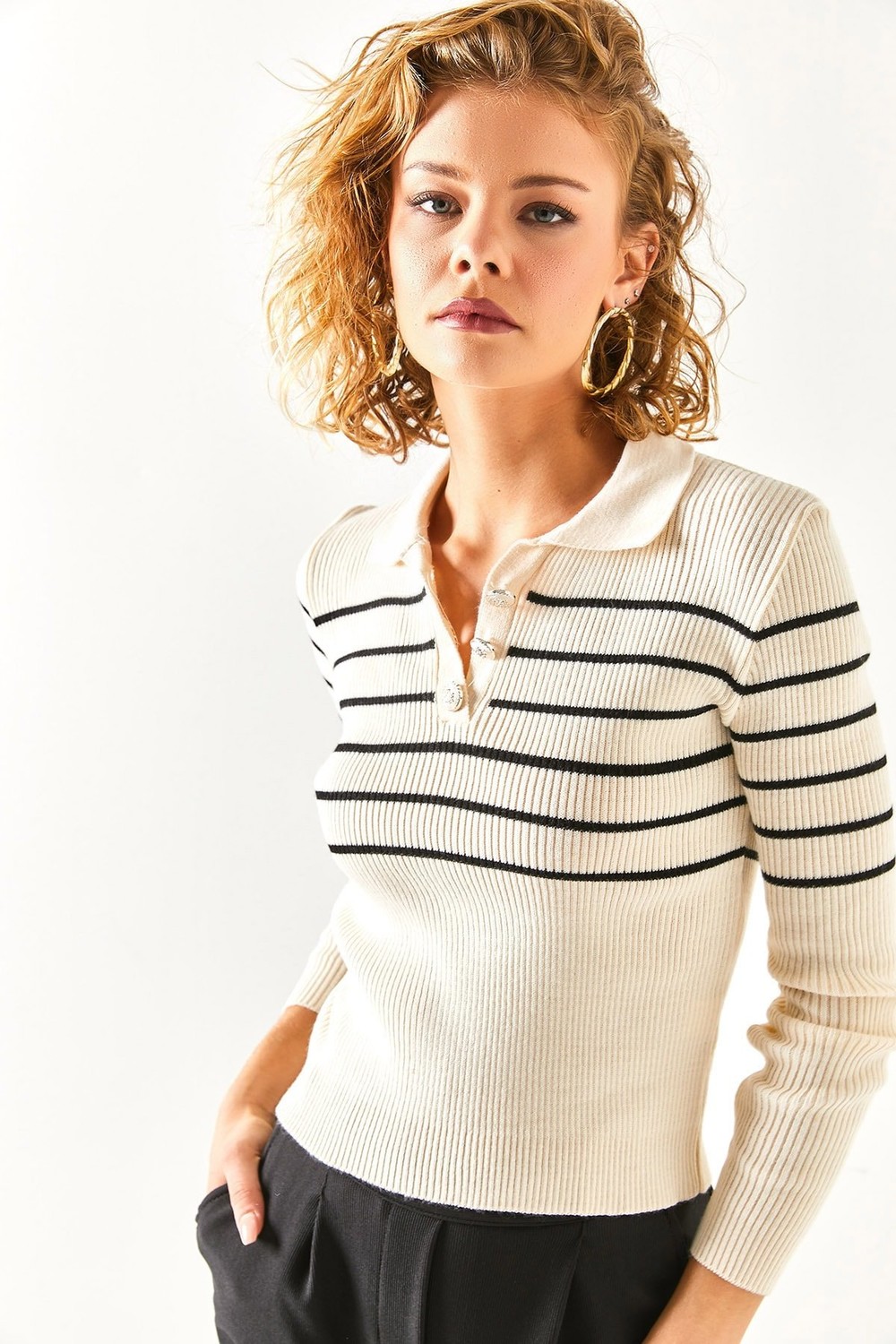 Olalook Women's Ecru Black Buttons Striped Detailed Knitwear Blouse
