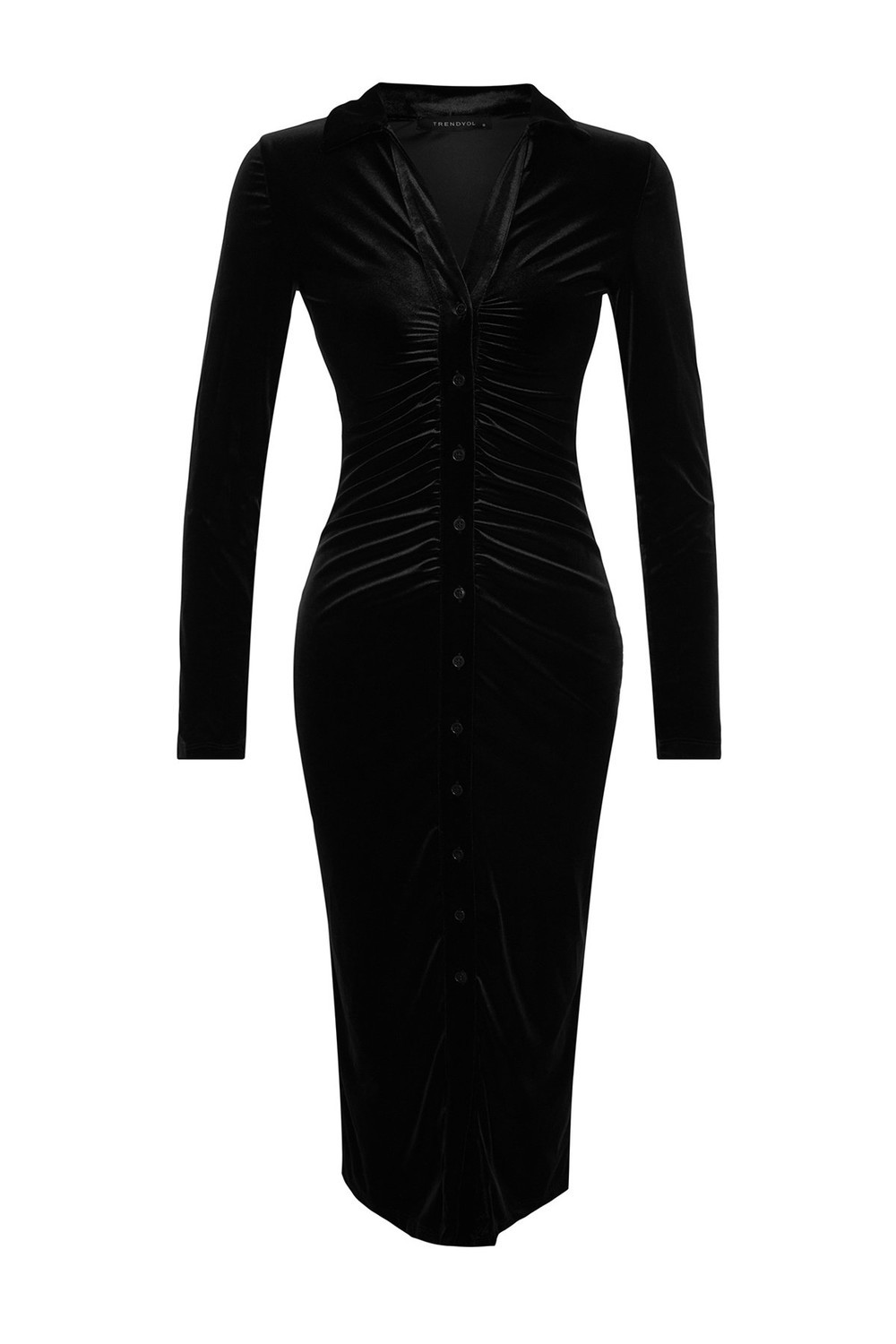 Trendyol Black Velvet Fitted/Simple Polo Neck Midi Knitted Dress