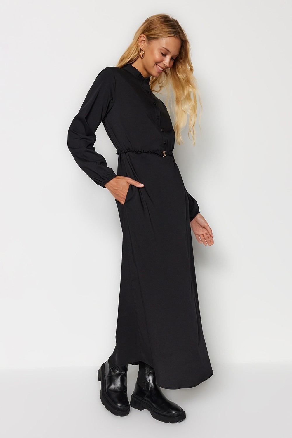 Trendyol Black Belted Half Paw Cotton Woven Dress