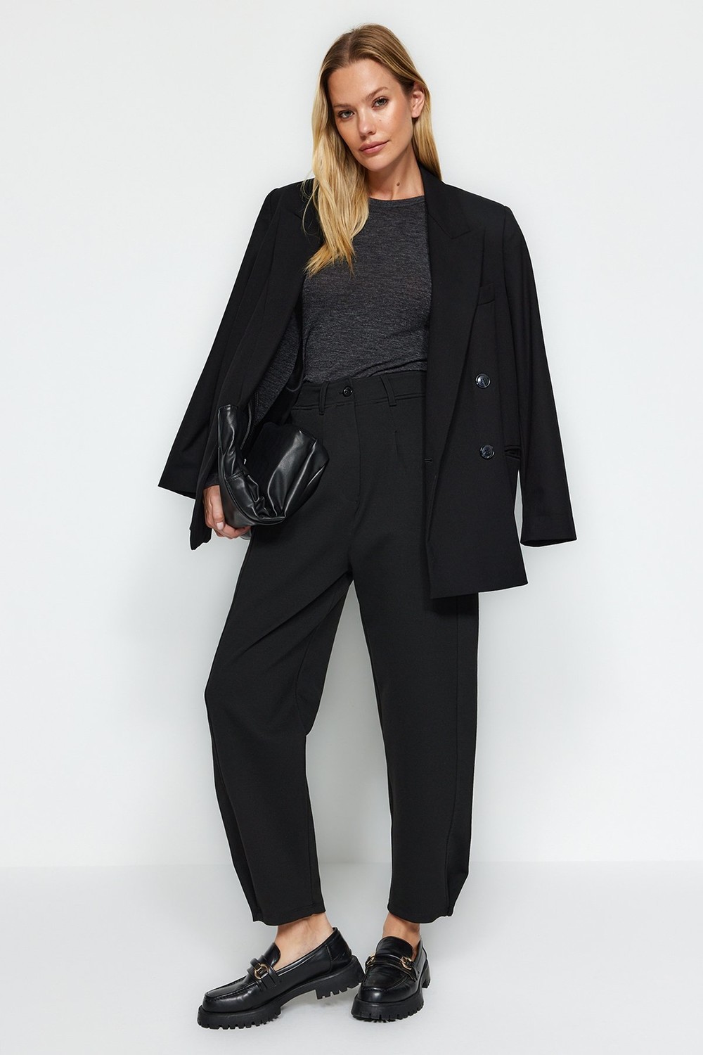 Trendyol Black Pleated Wide/Casual Cut High Waist Carrot Fit Interlock Knitted Pants
