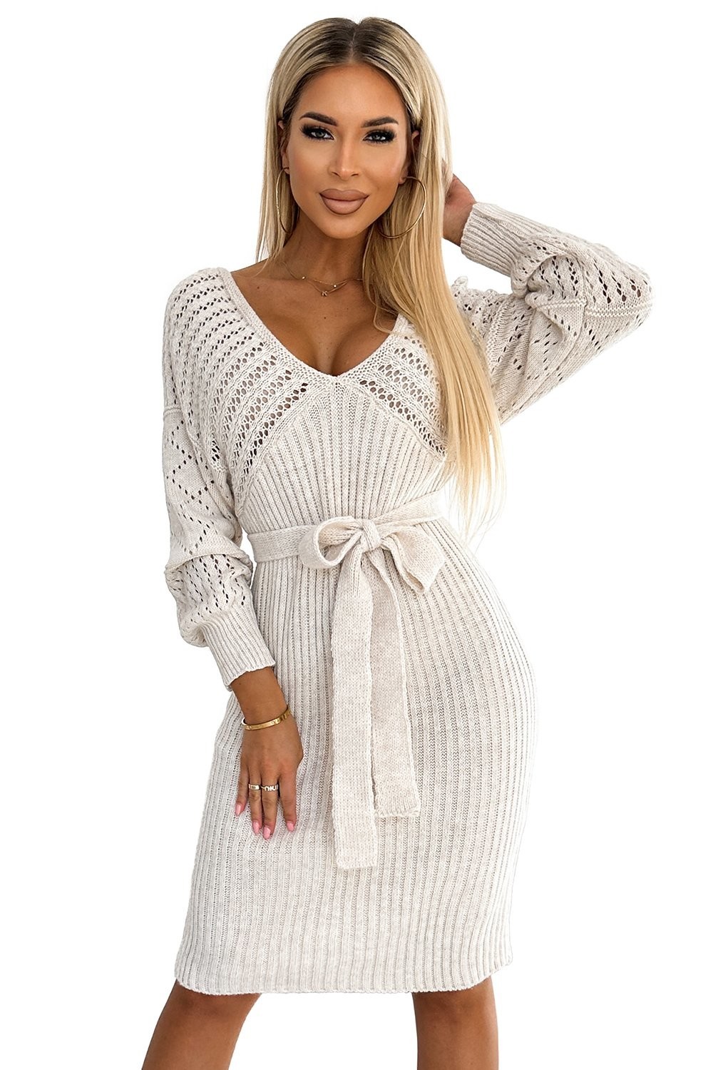Openwork sweater dress with neckline and Numoco tie