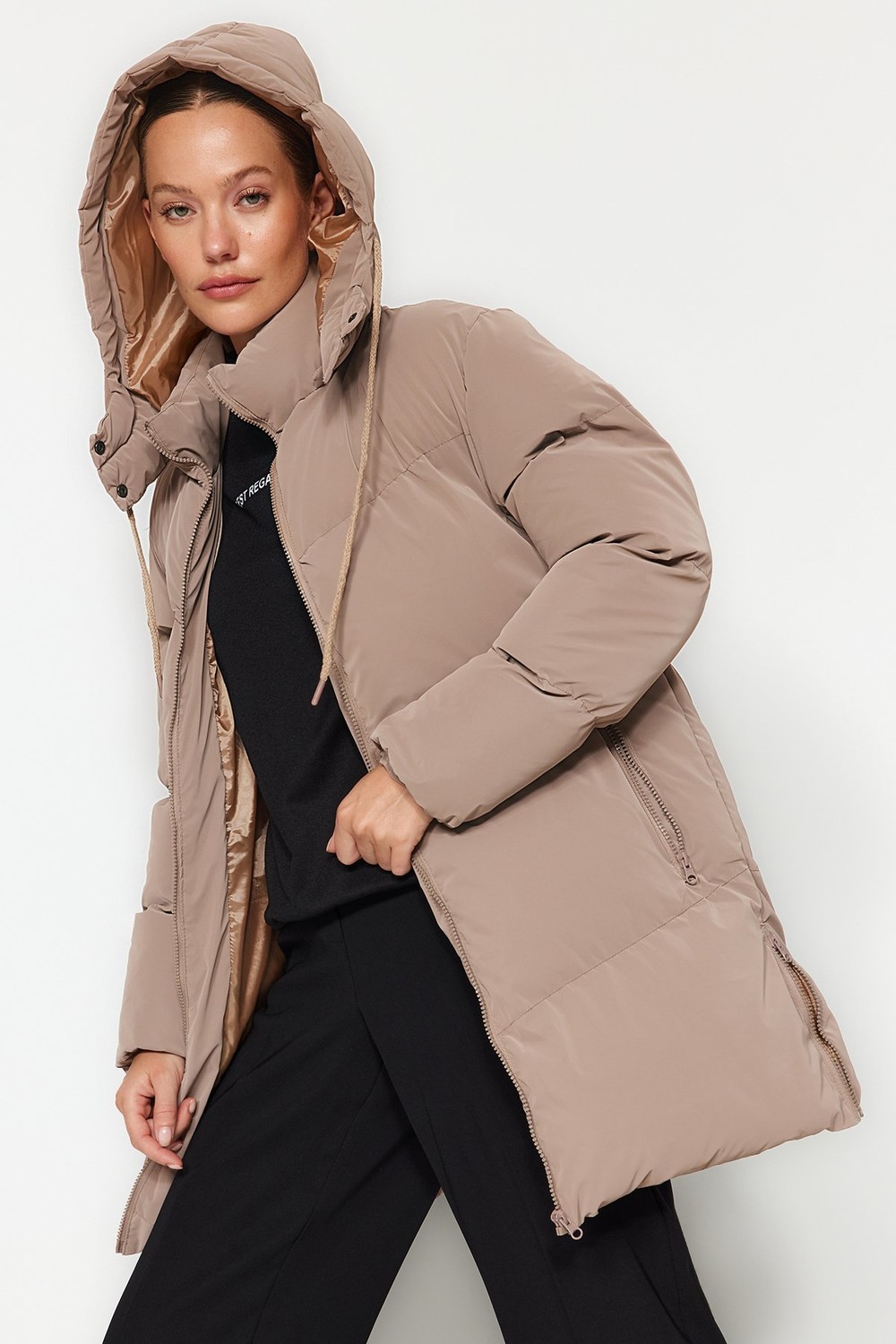Trendyol Beige Oversize Hooded Waterproof Down Jacket