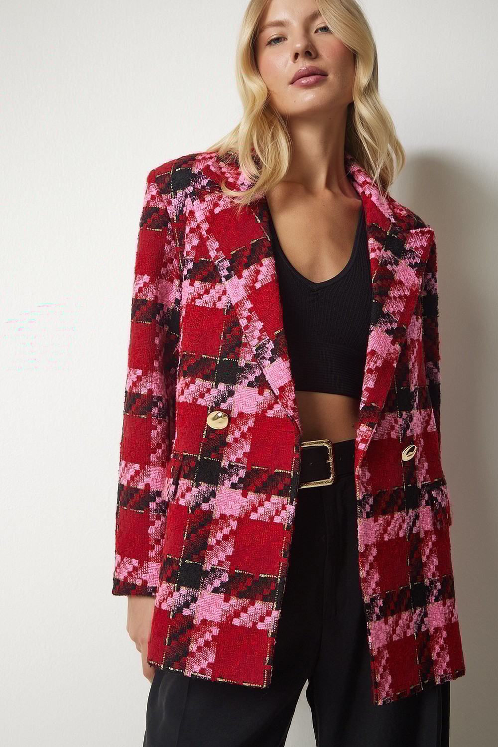 Happiness İstanbul Women's Red Pink Double Breasted Collar Patterned Elegant Woven Jacket