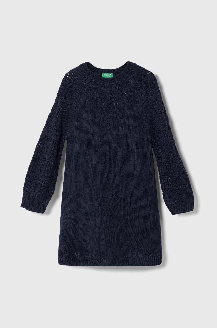 Dievčenské šaty s prímesou vlny United Colors of Benetton tmavomodrá farba, mini, rovný strih