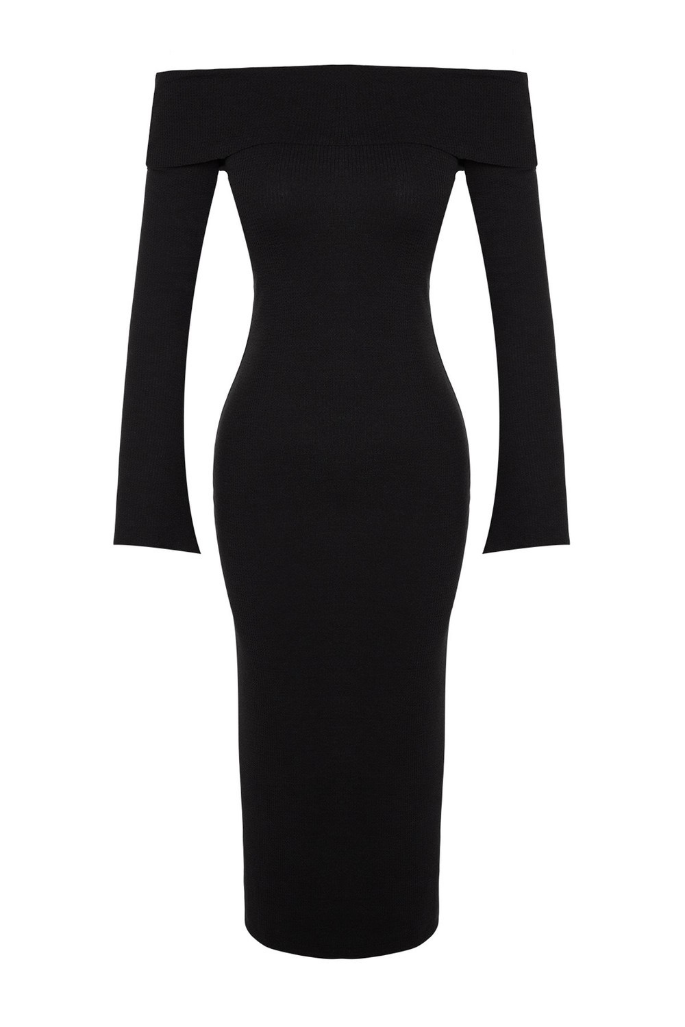 Trendyol Black Fitted/Sticky Carmen Collar Corsair Soft-Texture Midi, Stretch Knit Dress