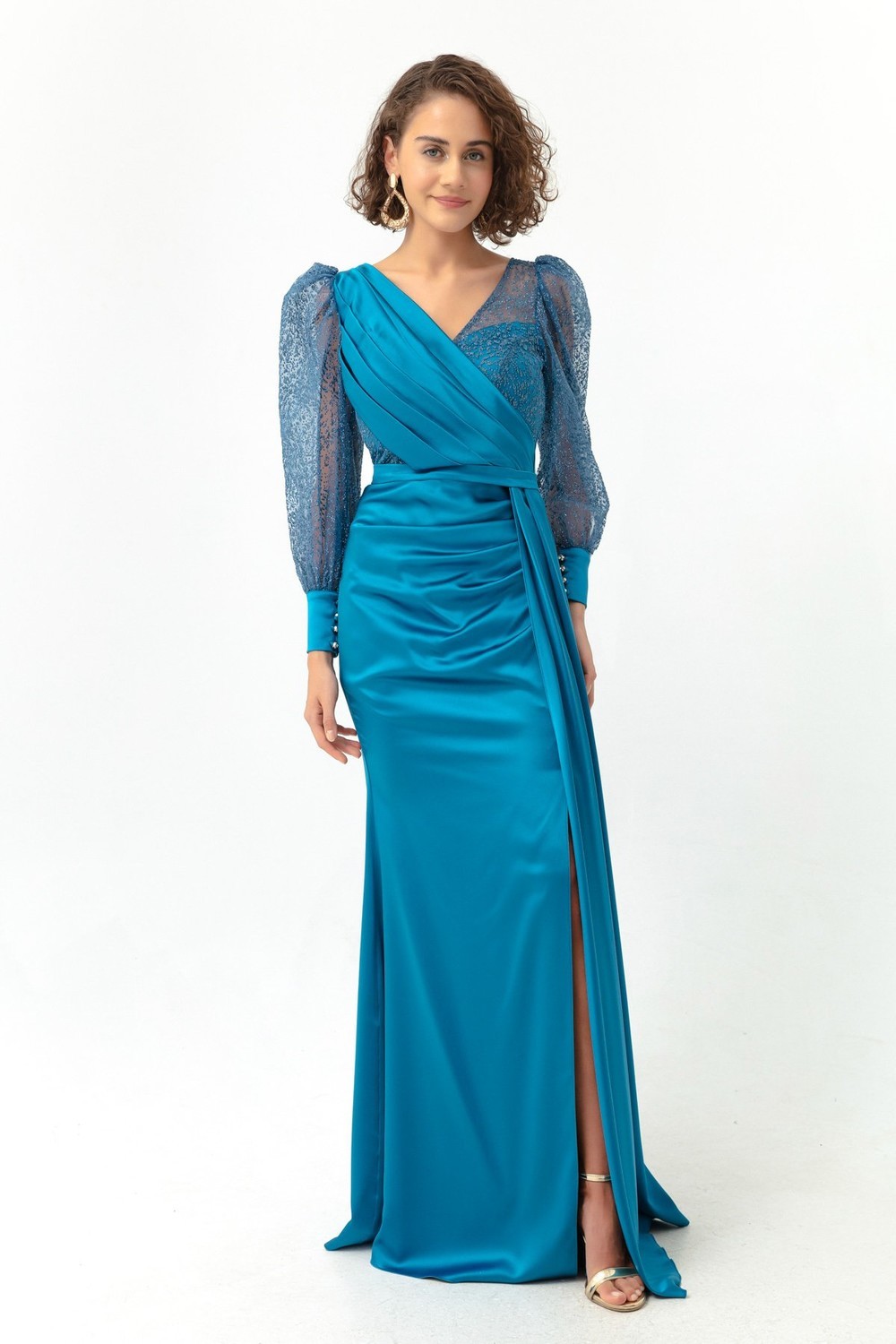 Lafaba Women's Turquoise Double Breasted Collar Silvery Long Satin Evening Dress.