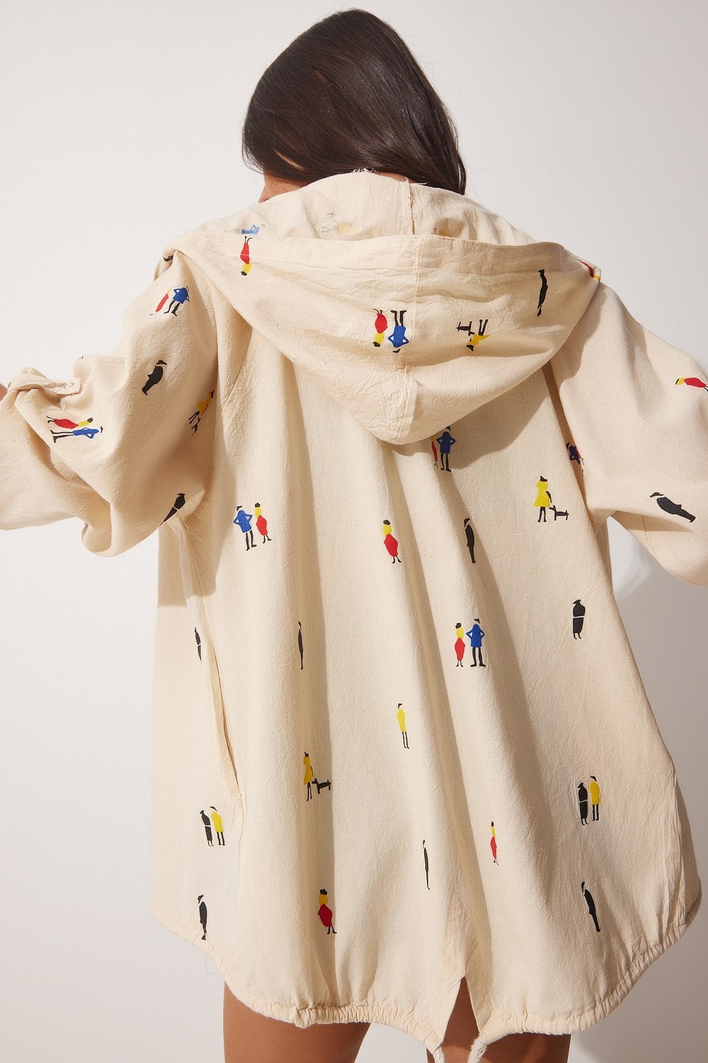 Happiness İstanbul Women's Cream Printed Hooded Raw Linen Jacket