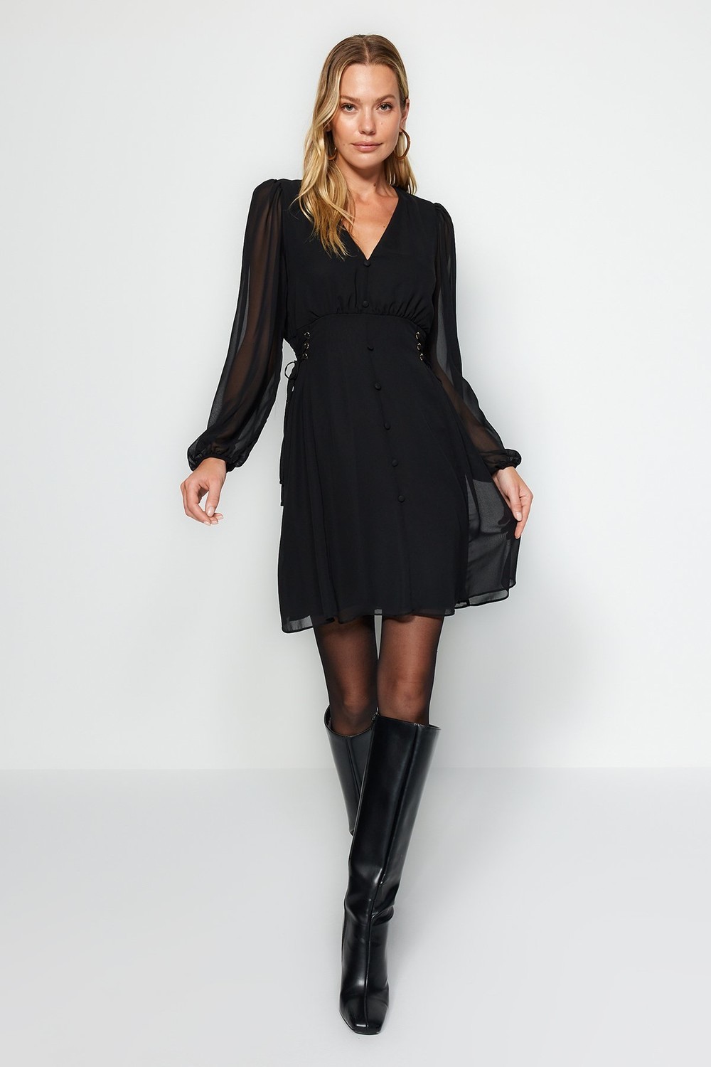 Trendyol Black Eyelet Detail and Buttons Lined Chiffon Woven Dress