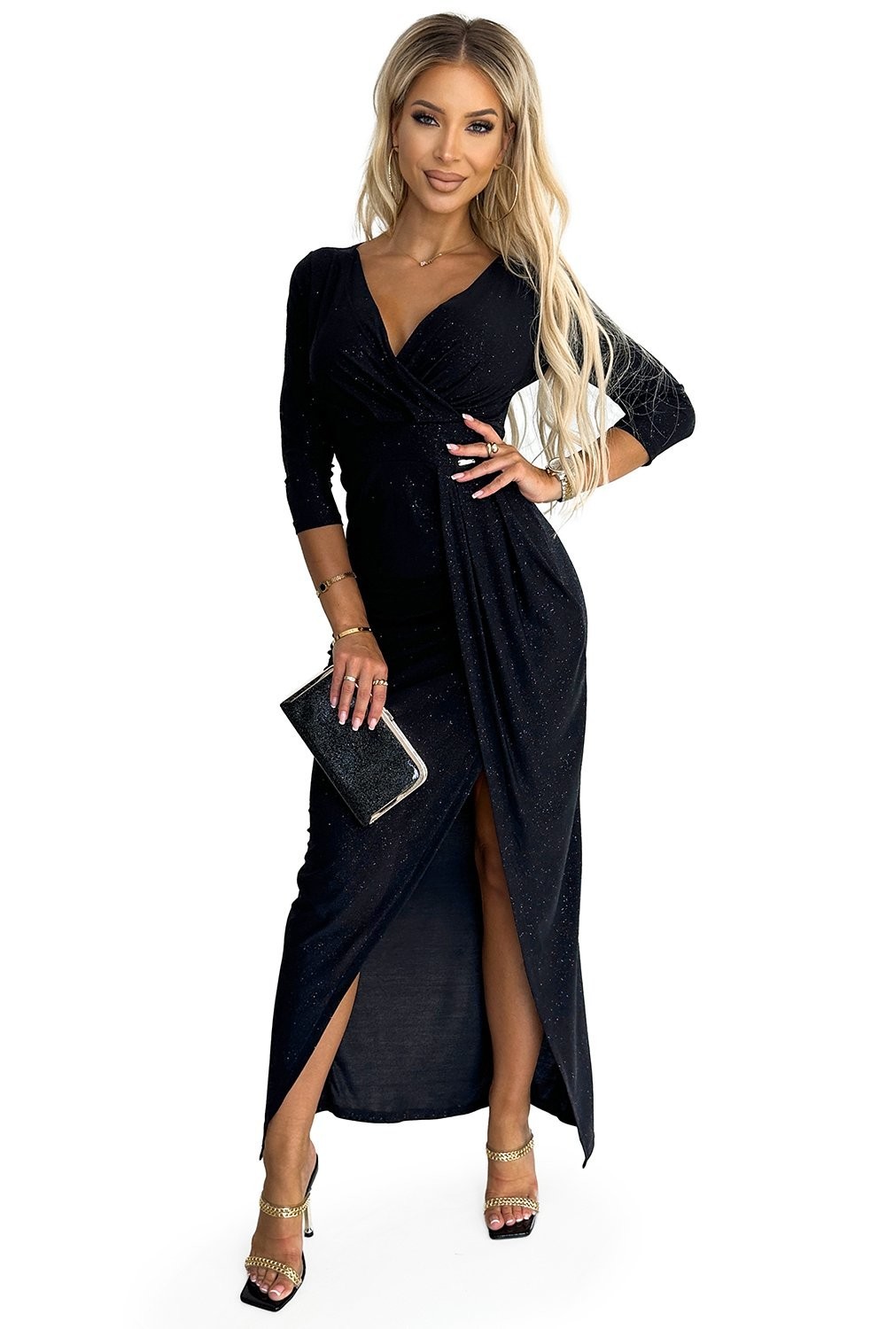 Shiny long dress with neckline and slit on Numoco leg
