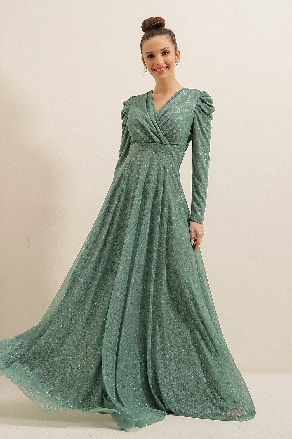 By Saygı Double Breasted Collar Shoulders Pleat Lined Glittery Long Dress Mint