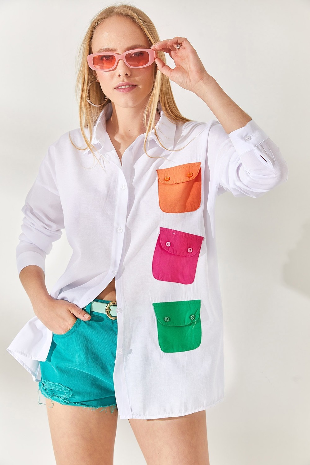 Olalook Women's White Fuchsia Color Pocket Detailed Oversized Woven Shirt